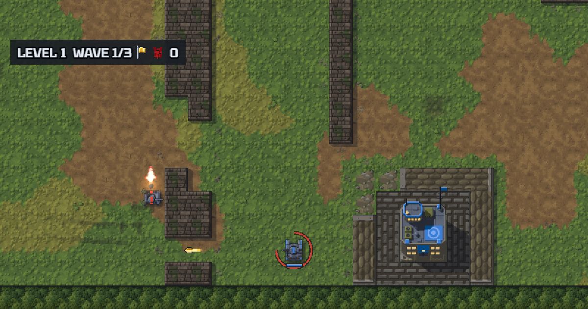 Level 1, wave 1 of 3: the blue tank below its base, a command post inside a brick ring, as the first red tank fires down between two long walls.