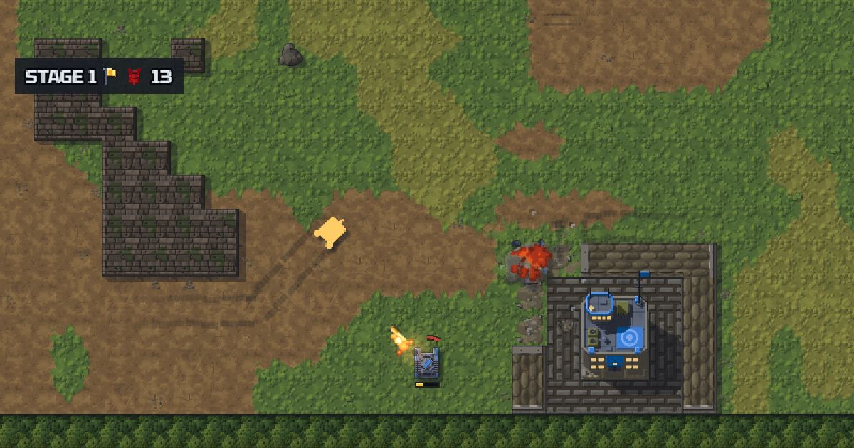 A Classic stage: the blue tank firing from beside its base, a command post inside a brick ring, as a red tank bursts by the wall.