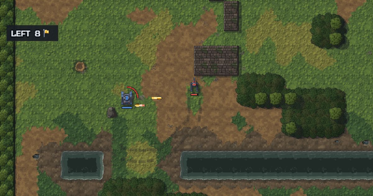 A battle royale: the blue tank trading shots with a red rival across a field of mud, walls and water.